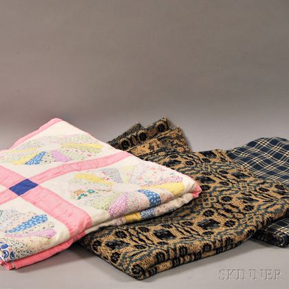 Overshot Coverlet, Homespun Cotton Bed Tick, and a "Dresden Plate" Pattern Quilt