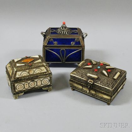 Three Small Covered Metal Boxes