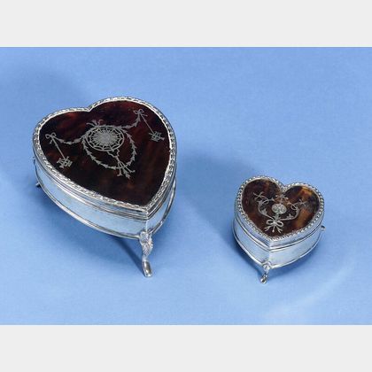 Two Edwardian Silver Heart-shaped Shell-mounted Boxes