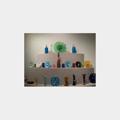 Twenty-eight Colored Glass Plates, Vases, Tumblers, Etc. 