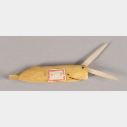 Carved ivory and Whalebone Whale-form Folding Toothpick