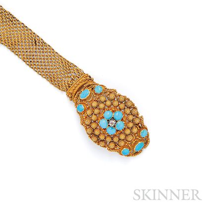 Antique 18kt Gold and Turquoise Cannetille-work Bracelet