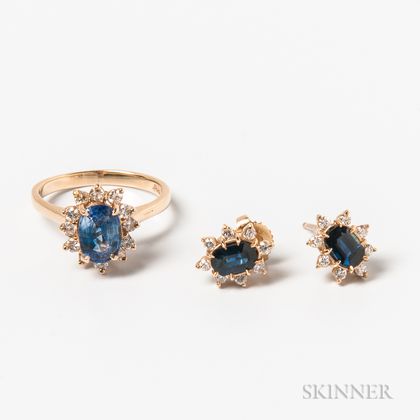 14kt Gold, Sapphire, and Diamond Ring and Pair of Earrings