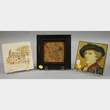 Two Decorated Pottery Tiles and a Framed Carved Marble Classical Profile Portrait Plaque