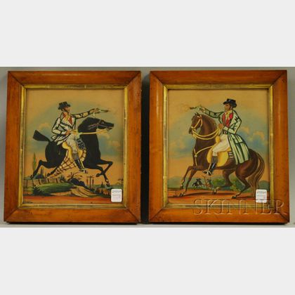 Pair of Framed Decoupage Works on Paper Depicting Dueling Men on Horseback
