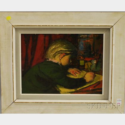 20th Century American School Oil on Artist Board Depiction of a Boy at Study