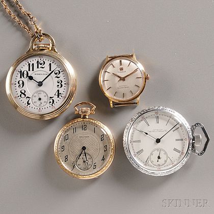 Three American Pocket Watches and a Tissot Wristwatch