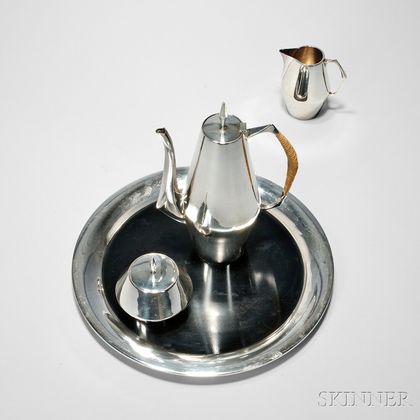 Three-piece Reed & Barton Sterling Silver "The Diamond" Pattern Coffee Service with Associated Tray