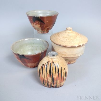 Rock Creek Pottery Covered Jar, Two Bowls, and Vase