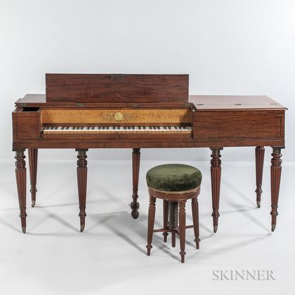 Carved Mahogany and Mahogany and Figured Maple Veneer Inlaid Square Piano and Stool