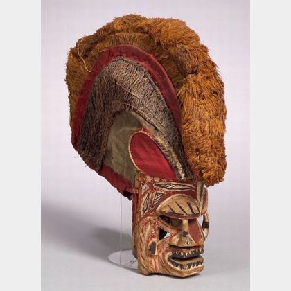Melanesian Polychrome Carved Wood and Fiber Mask