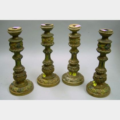 Set of Four Polychrome Carved Wood Candlesticks