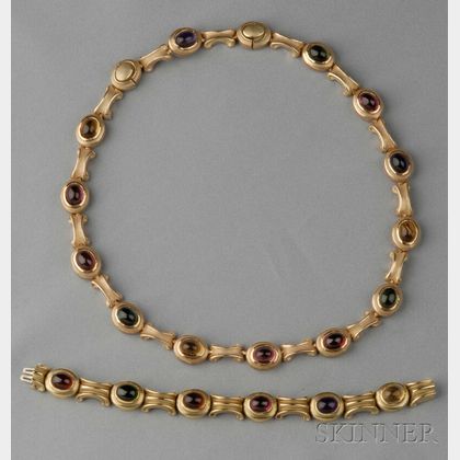 18kt Gold and Gem-set Necklace, and Bracelet