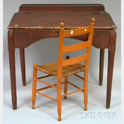 Country Red-painted Pine and Oak Lift-top Schoolmasters Desk and Orange-painted Wooden Slat-back Side Chair. 
