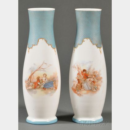 Pair of French Opaline Milk Glass and Transfer Printed Mantel Vases