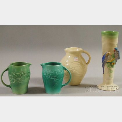 Three Susie Cooper Glazed Art Pottery Pitchers and a Clarice Cliff "Budgie" Vase