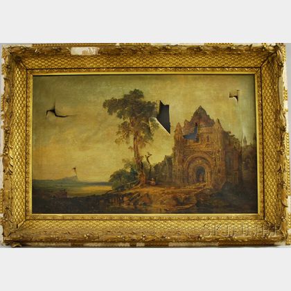 19th Century Oil on Canvas Landscape with Romanesque Church