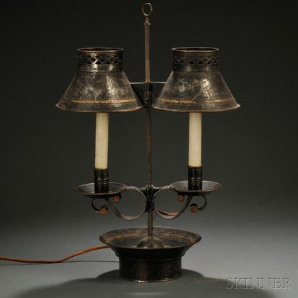 Gilt and Black-painted Tin Two-light Student Lamp