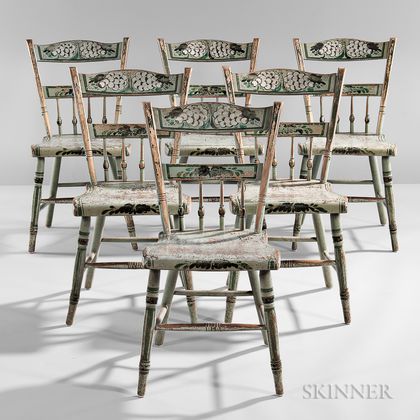 Set of Six Light Blue-painted, Silver- and Gilt-stenciled, and Paint-decorated Tablet-back Side Chairs