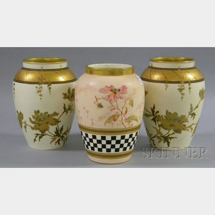 Pair of Wedgwood Japonesque Gilt Enamel Floral Decorated Porcelain Vases and a Wedgwood Gilt and Hand-painted P... 