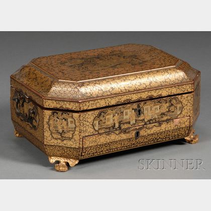 Chinese Gilt Lacquer Sewing Box with Ivory Sewing Implements