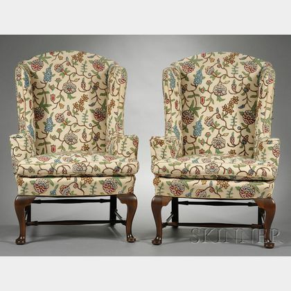 Pair of Queen Anne-style Carved Mahogany and Crewel-upholstered Easy Chairs