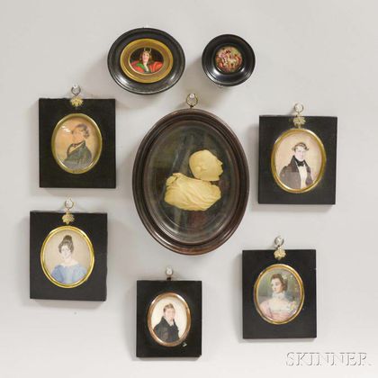 Six Framed Portrait Miniatures and Two Other Framed Items