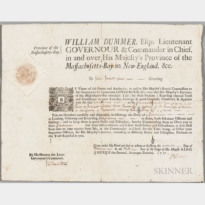 Dummer, William (1677-1761) Military Commission Signed, 1 February 1727.