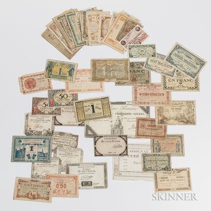 Group of French Regional Chambre de Commerce Paper Money and Nine Pieces of French Republic Paper Money. Estimate $200-300