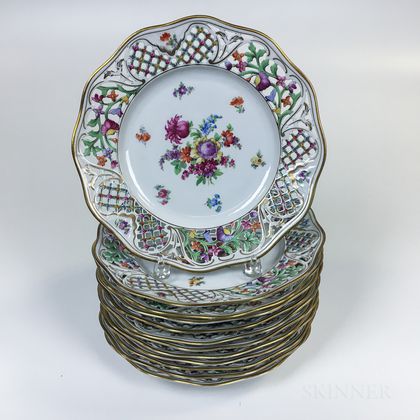 Set of Twelve Schumann Floral-decorated and Reticulated Porcelain Dinner Plates