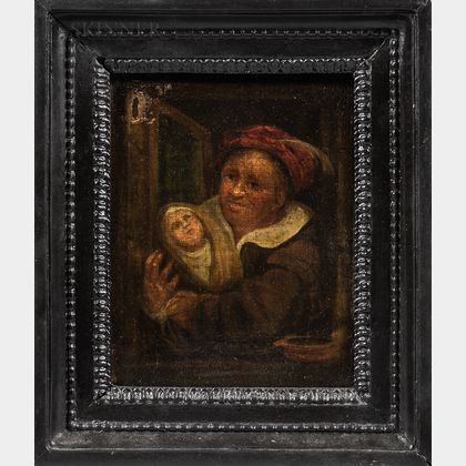 Dutch School, 17th Century Style Two Small Genre Scenes: Woman with Baby at a Window