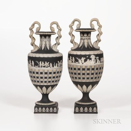 Two Wedgwood Tricolor Diceware Jasper Dip Snake-handle Vases
