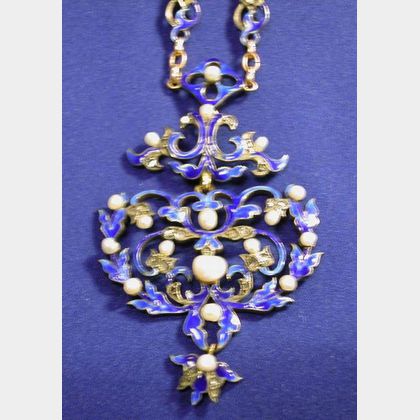 Antique Enamel, Diamond and Pearl Pendant Necklace