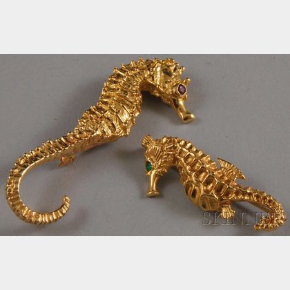 Two 14kt Gold Seahorse Pins