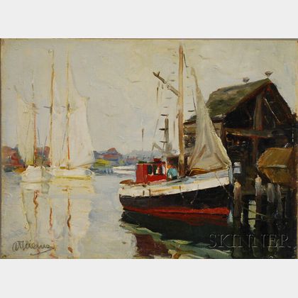 Anthony Thieme (American, 1888-1954) Moored Schooners with Fishing Boat at Pier