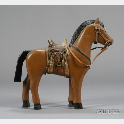 Painted Carved Toy Wooden Horse with Leather Saddle and Harness