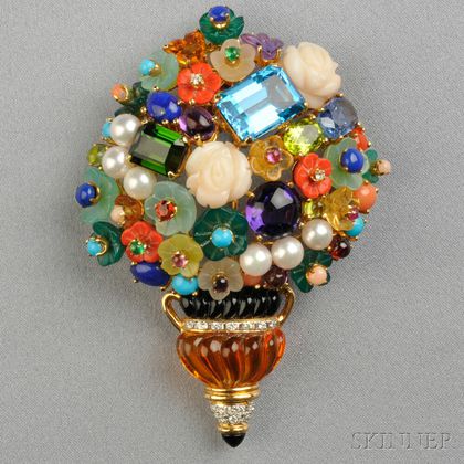 18kt Gold Gem-set Flower Basket Pendant/Brooch