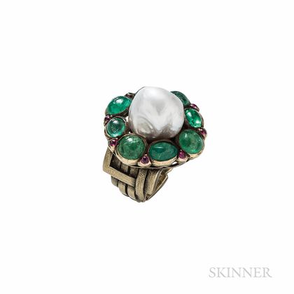 Rare Gold, Baroque Pearl, Emerald, and Pink Sapphire Ring, Marie Zimmermann