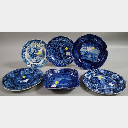 Five English Blue and White Transfer-decorated Staffordshire Plates and a Serving Bowl