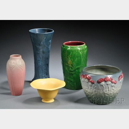 Weller Jardiniere and Four Rookwood Vases