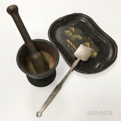 Cast Iron Mortar and Pestle, Small Sheet Metal Peel, and a Hand-painted Tole Salver. Estimate $20-200
