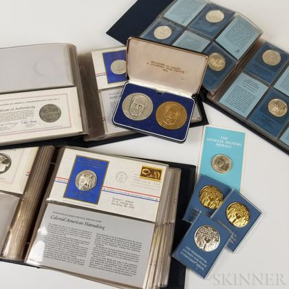 Group of Mostly Franklin Mint Commemorative Silver and Bronze Rounds and Medals