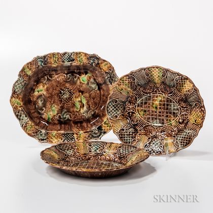 Three Don Carpentier Molded Dot, Diaper, and Basketweave Pattern Tortoiseshell-glazed Serving Pieces
