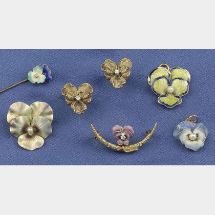 Two Art Nouveau 14kt Gold and Enamel Pansy Brooches, Krementz & Co.