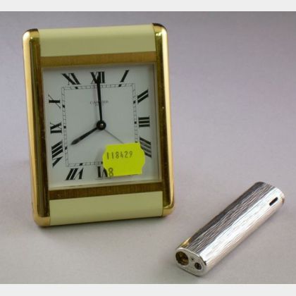 Cartier Paris Brass and Enamel Travel Alarm Clock and a Tiffany & Co. Lighter. 