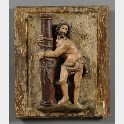 Continental Painted and Parcel-gilt Wood Gesso Plaque of the Scourging of Christ