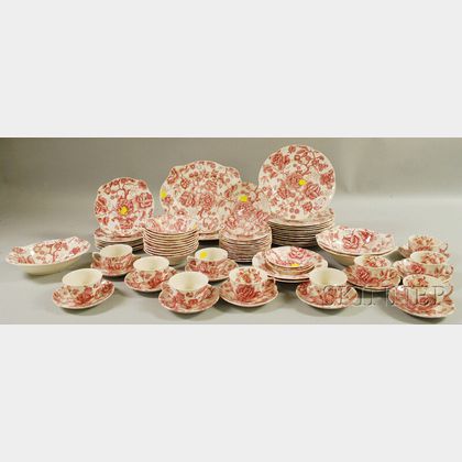 Seventy-seven-piece Johnson Bros. Red and White Transfer English Chippendale Pattern Ironstone Partial Dinner Set
