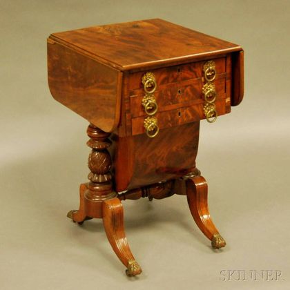 Classical Carved Mahogany Drop-leaf Three-drawer Sewing Stand. Estimate $600-800