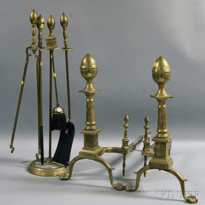 Pair of Belted Lemon-top Andiron, Stand, and Four Fireplace Tools