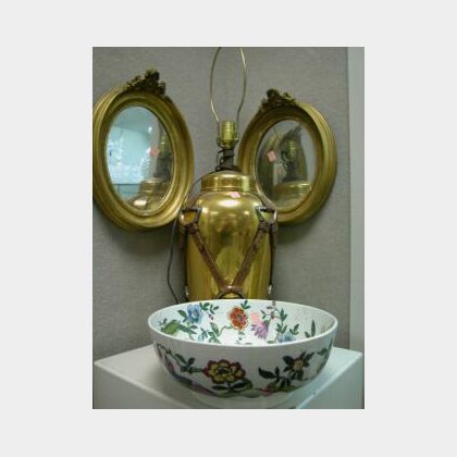 Group of Four Decorative Items,a pair of small oval giltwood mirrors, an English ceramic fruit bowl, and an equestrian motif decorated 
